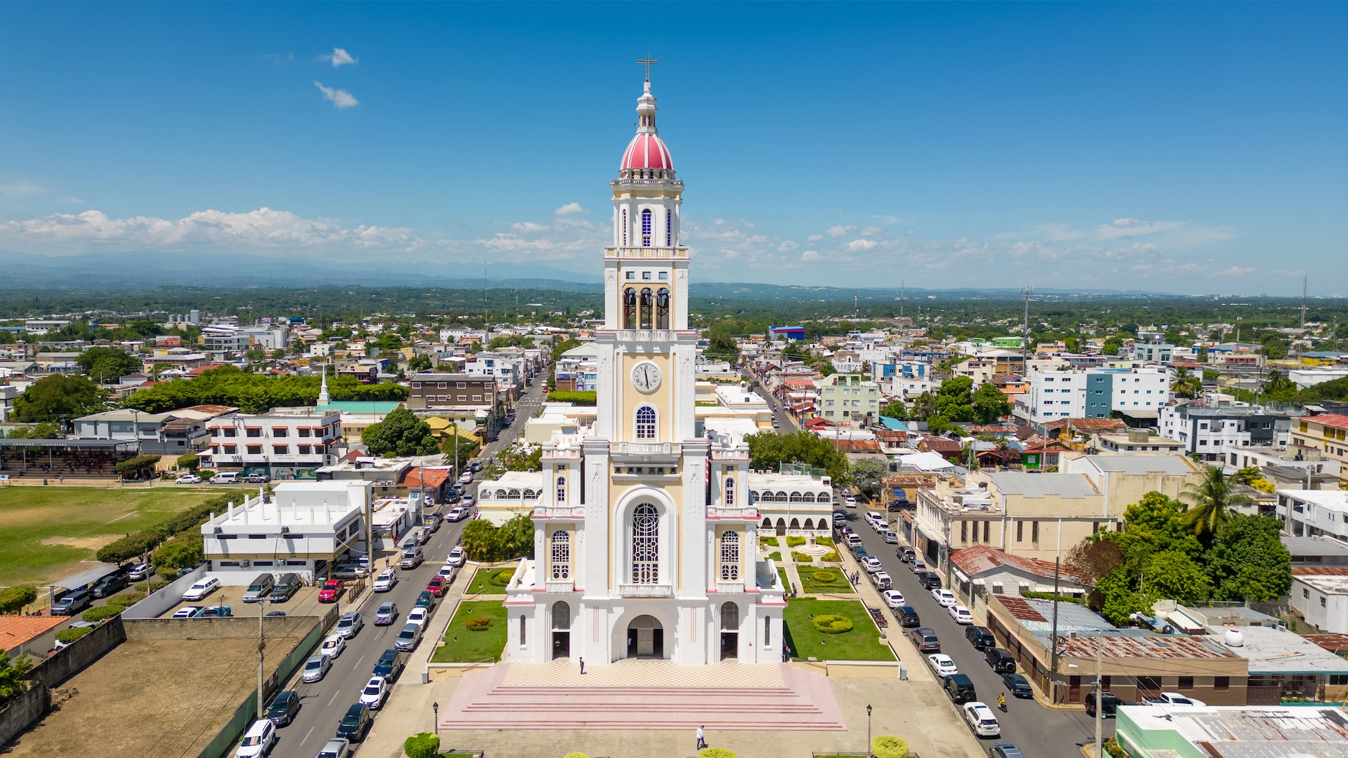 Aerial view of the Cathedral of the Sacred Heart of Jesus in Moca, Espaillat Province, Dominican Republic.
