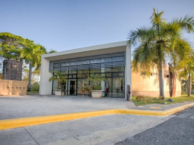 Main entrance of Ron Barceló Historic Center with palm trees.