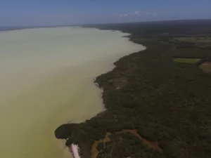 Aerial view of Oviedo Lagoon surrounded by mangroves in Jaragua National Park, Pedernales, Dominican Republic.