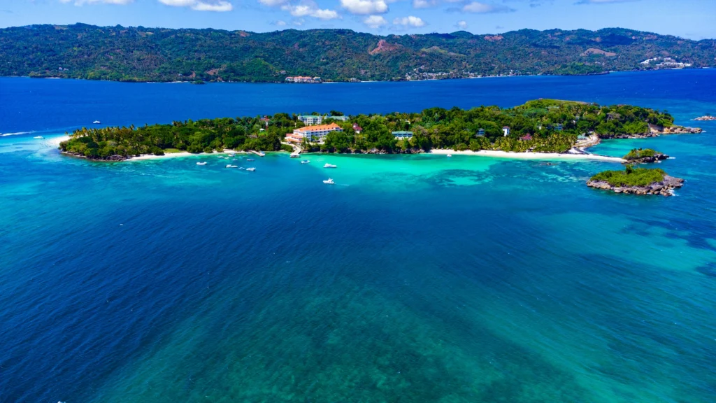 Wide-angle aerial shot of Cayo Levantado island and its turquoise waters