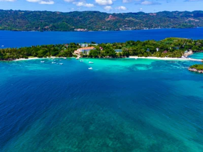 Wide-angle aerial shot of Cayo Levantado island and its turquoise waters