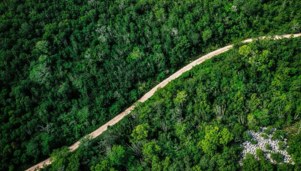 Aerial view of a forest trail crossing the tropical jungle in Parque Nacional Cotubanamá, Dominican Republic.