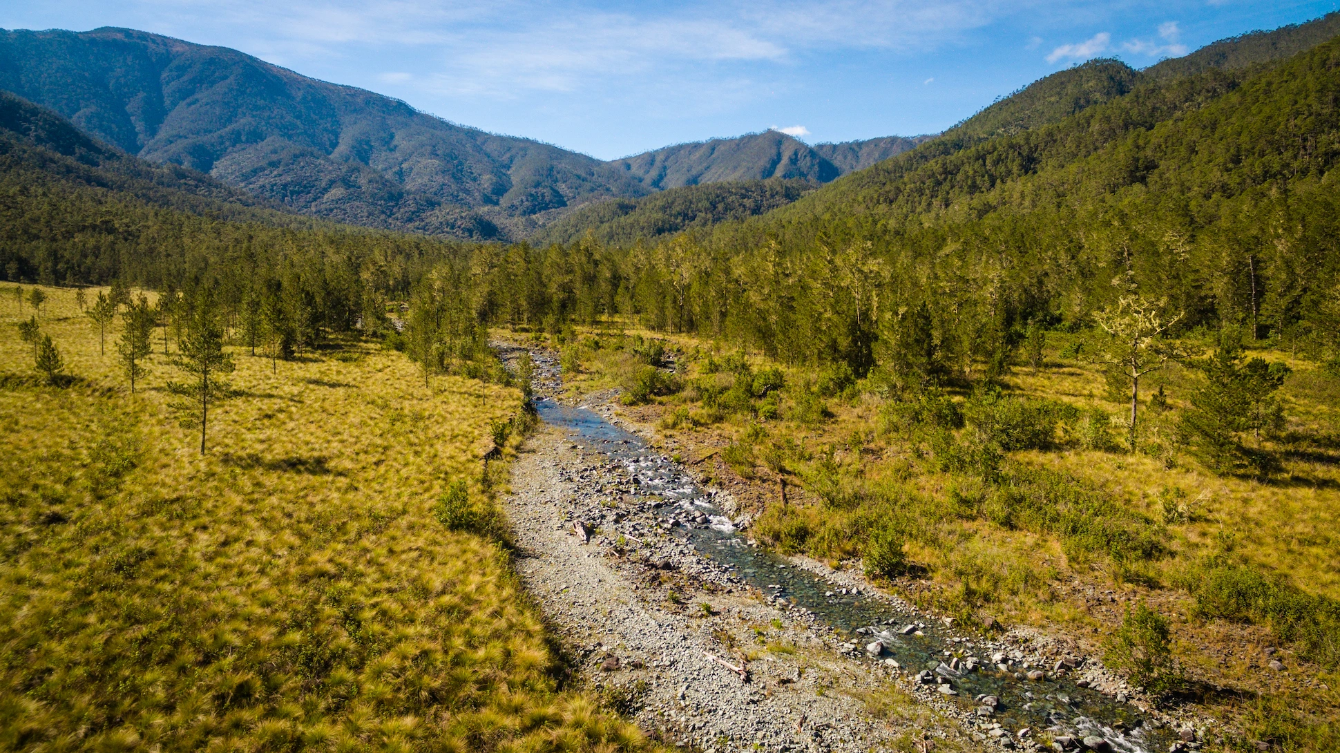 Mountain valley with river at Pico Duarte trekking route, Dominican Republic.