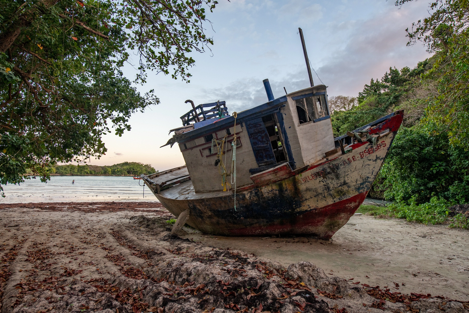 Stranded boat on the shore of Playa Diamante in Cabrera, Dominican Republic