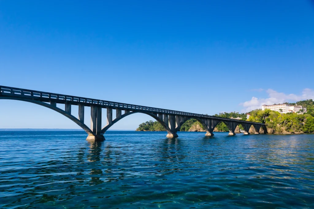 Iconic bridge crossing Samaná Bay under clear blue skies, Dominican Republic