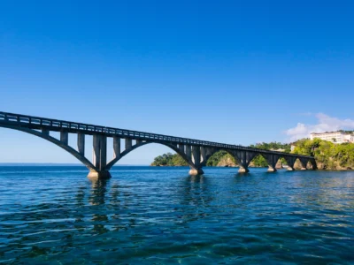 Iconic bridge crossing Samaná Bay under clear blue skies, Dominican Republic