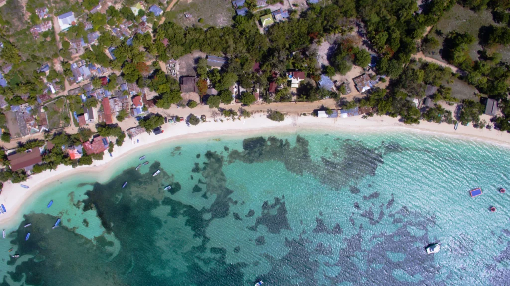Aerial view of Punta Rucia beach and turquoise waters in Puerto Plata, Dominican Republic