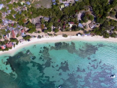 Aerial view of Punta Rucia beach and turquoise waters in Puerto Plata, Dominican Republic