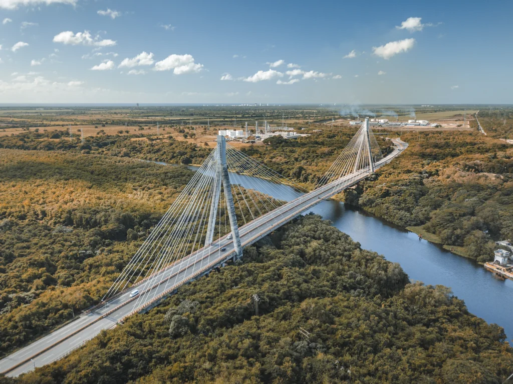 Aerial view of Puente Mauricio Báez in San Pedro de Macorís, Dominican Republic, near the Quisqueya municipality.