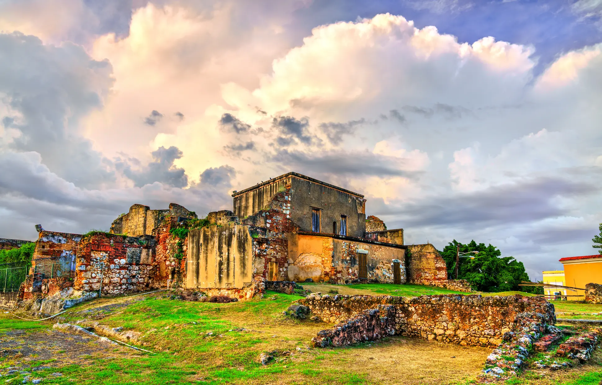 Ruins of the Monastery of San Francisco in the Colonial Zone of Santo Domingo at sunset.