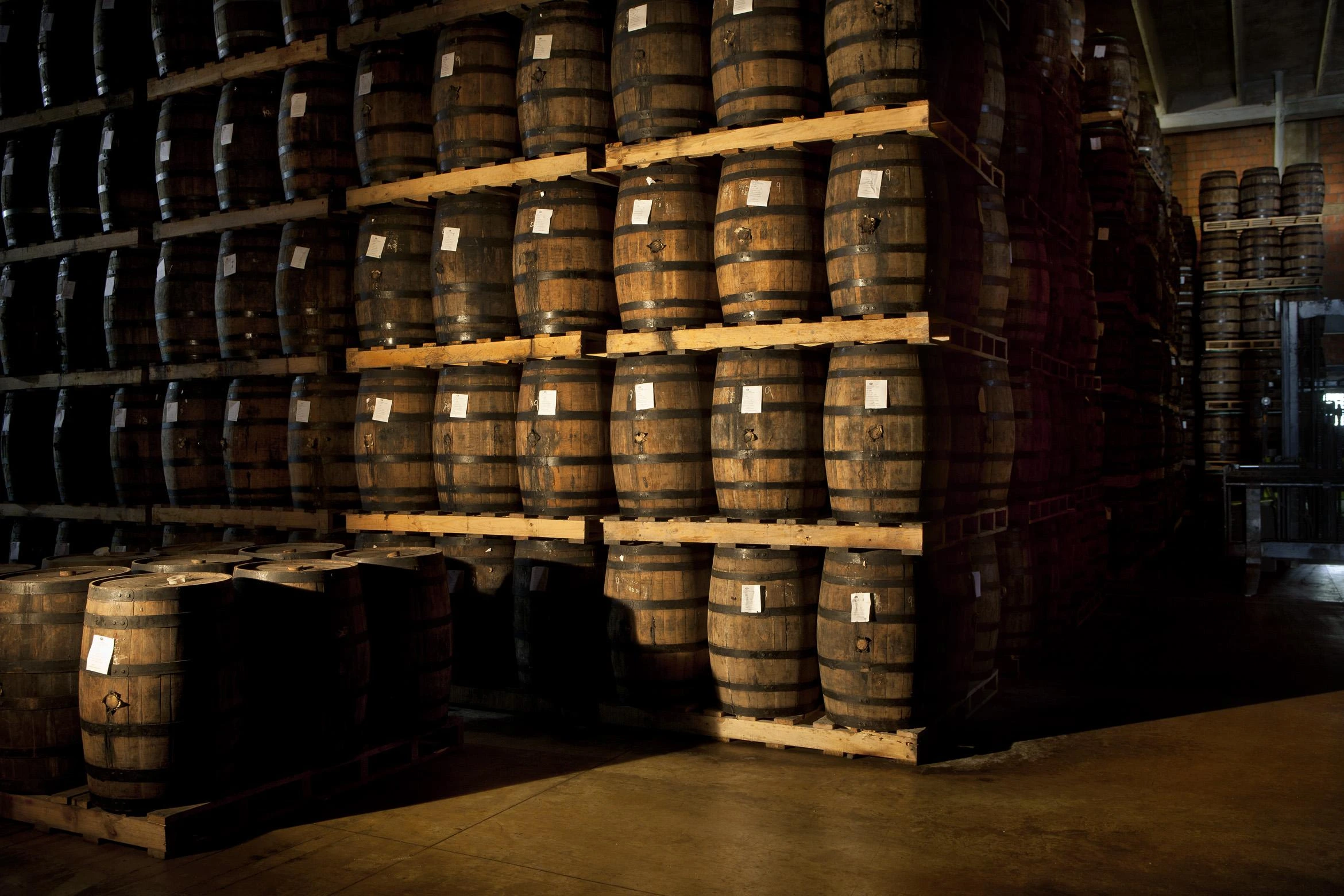 Wooden rum barrels aging at Ron Barceló factory in San Pedro de Macorís.