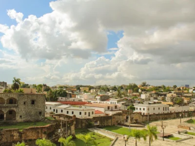 Aerial view of the Atarazanas Reales and part of the Alcázar de Colón in Santo Domingo’s Colonial Zone.