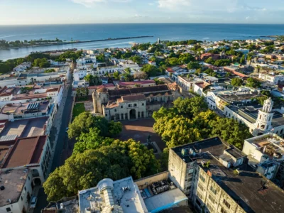 Aerial view of the Colonial Zone in Santo Domingo with the Cathedral and surrounding historic buildings.