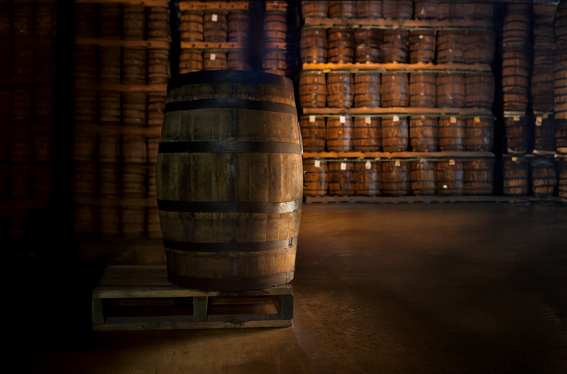 Single rum barrel in the aging cellar at Ron Barceló factory.
